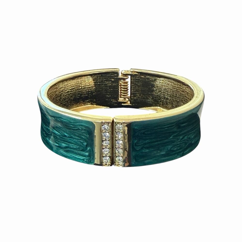 Vintage Green Swirl Enamel Rhinestone Hinged Bangle Bracelet Gold Tone Clamper